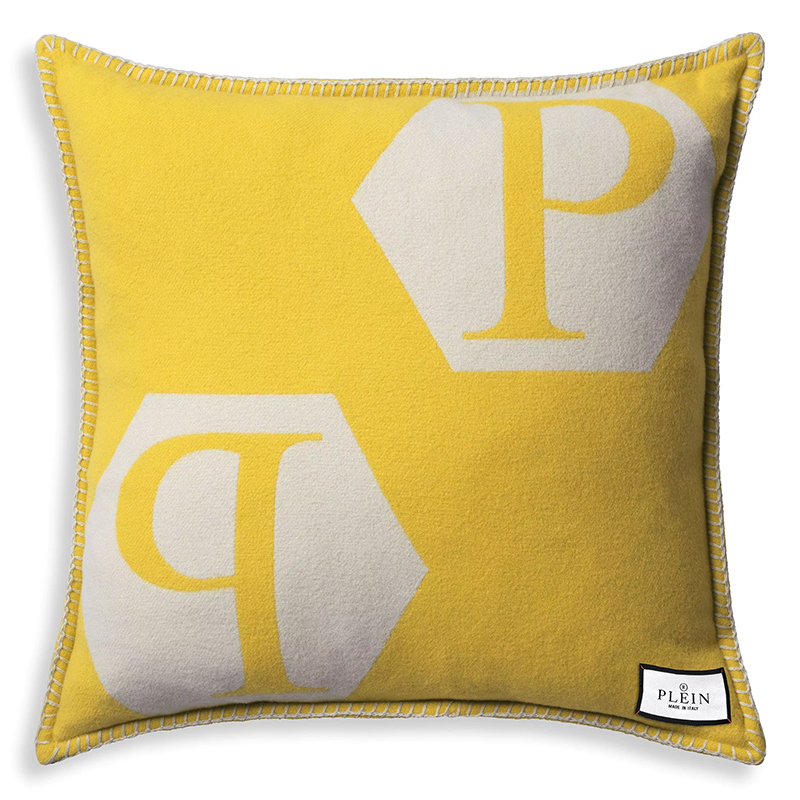 Подушка Philipp Plein Cushion Cashmere PP Logo 65 x 65 Yellow Белый Желтый в Костроме | Loft Concept 
