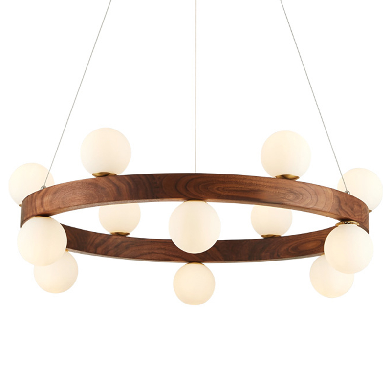 Люстра из дерева с белыми плафонами GRAND Wooden Chandelier Белое матовое стекло Коричневый Латунь Люстра из дерева с белыми плафонами GRAND Wooden Chandelier Белое матовое стекло Коричневый Латунь в Костроме | Loft Concept