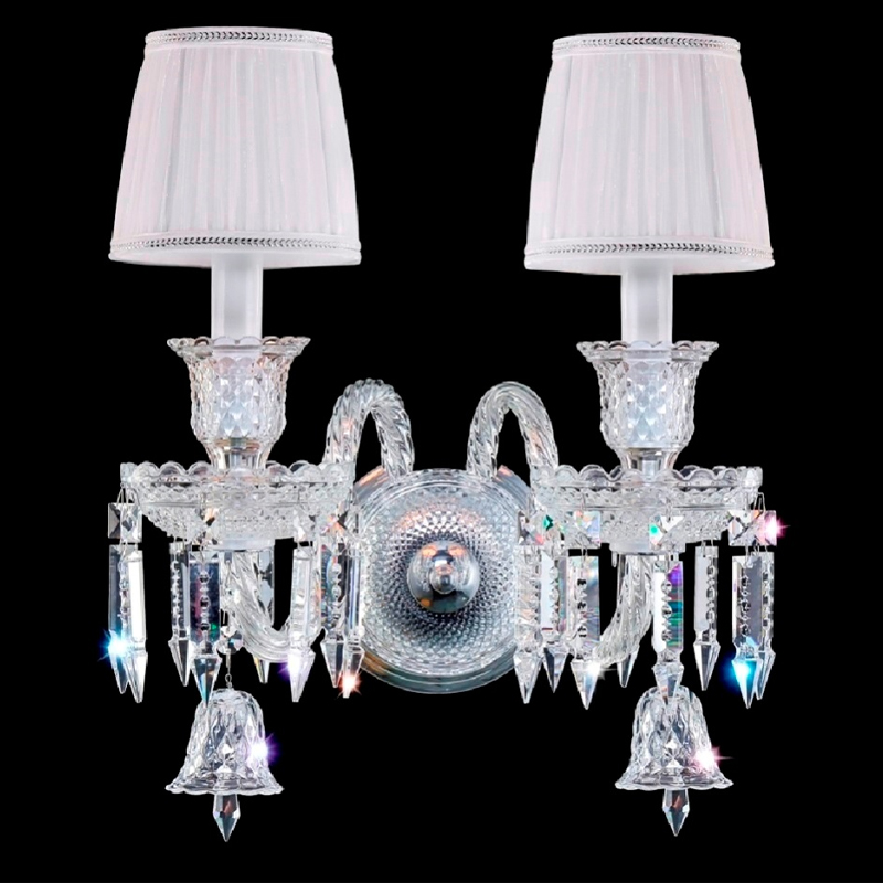 Бра с двумя белыми текстильными абажурами и хрустальными подвесками Lustre Reverie Хром Прозрачное Стекло Белый Бра с двумя белыми текстильными абажурами и хрустальными подвесками Lustre Reverie Хром Прозрачное Стекло Белый в Костроме | Loft Concept