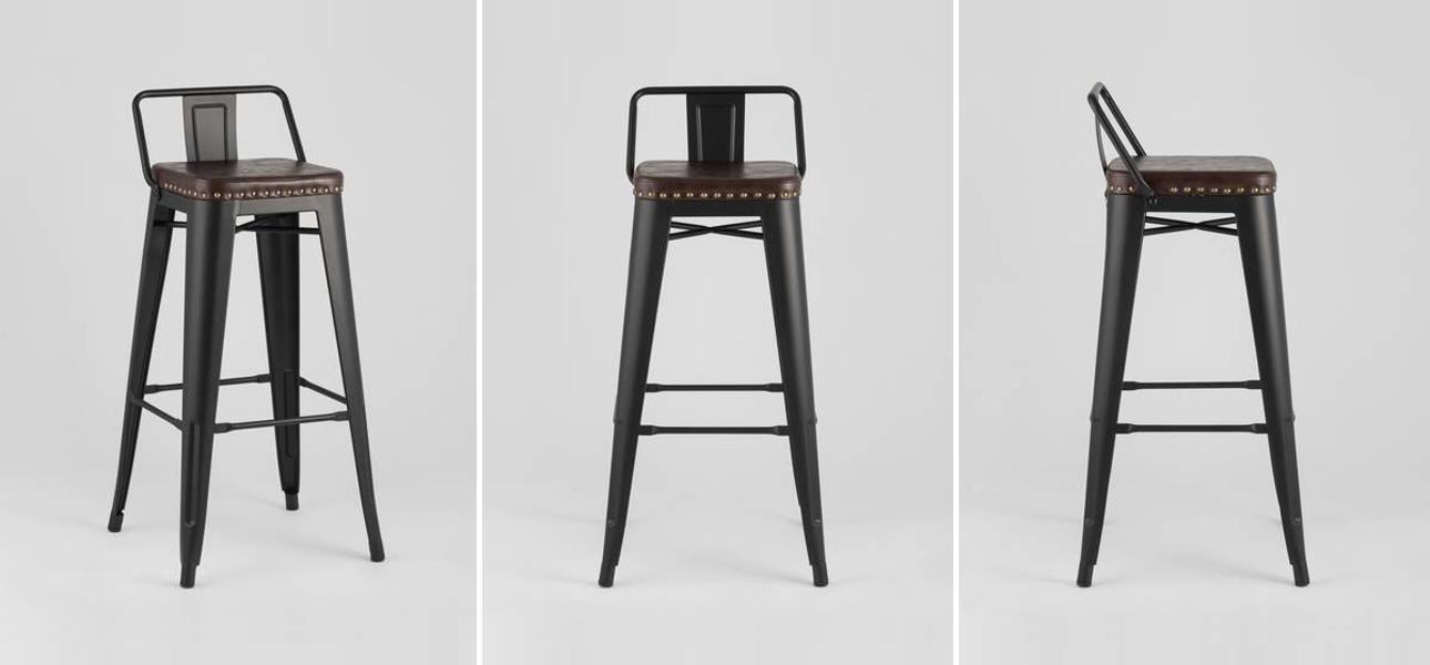 Барный Стул Tolix Черный Матовый Металл Сидение Коричневая Экокожа - фото