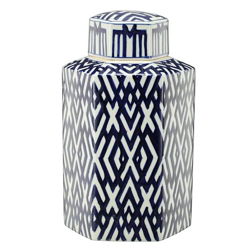 Ваза с крышкой и графическим узором в сине-белых цветах Blue & White Ornament Белый Синий Ваза с крышкой и графическим узором в сине-белых цветах Blue & White Ornament Белый Синий в Костроме | Loft Concept