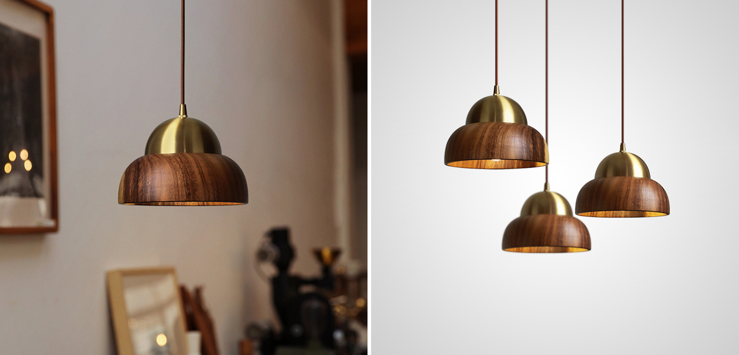 Подвесной светильник с купольным корпусом из латуни и дерева акации TORALD - фото