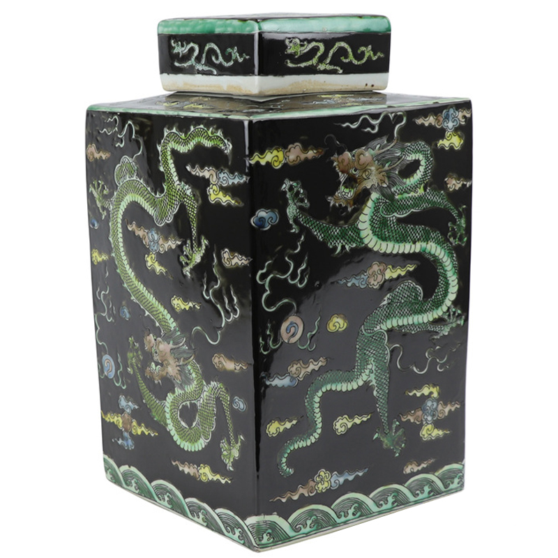 Ваза с крышкой квадратная Green Dragon Black Vase Черный Зеленый Желтый Светло-синий Ваза с крышкой квадратная Green Dragon Black Vase Черный Зеленый Желтый Светло-синий в Костроме | Loft Concept