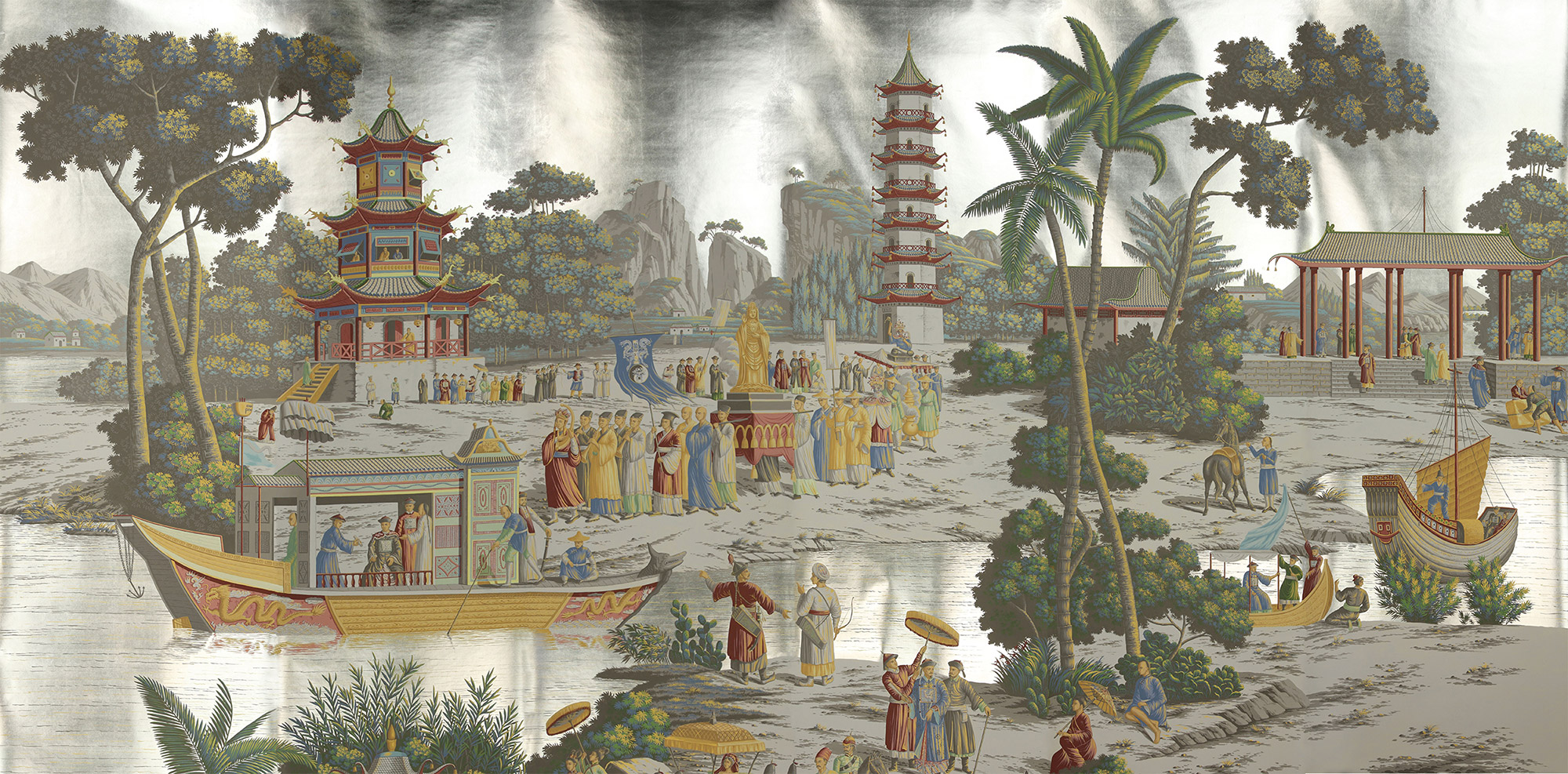 Обои ручная роспись Procession Chinoise Special Colourway on White Metal gilded paper Обои ручная роспись Procession Chinoise Special Colourway on White Metal gilded paper - постер Loft-Concept в Костроме