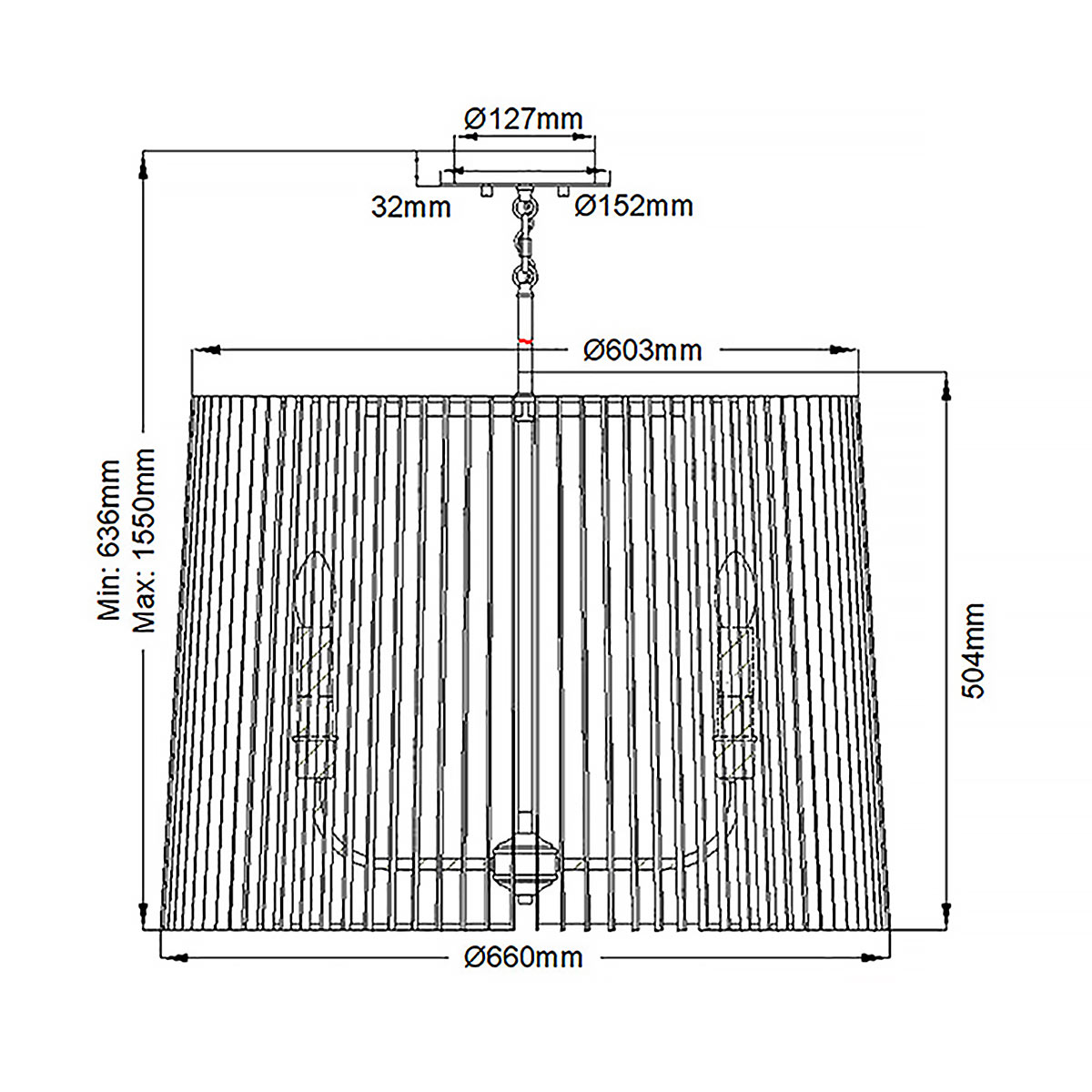 Люстра цвета латунь с 6-ю лампами свечами внутри цилиндрического абажура из черных металлических реек Kichler в Костроме