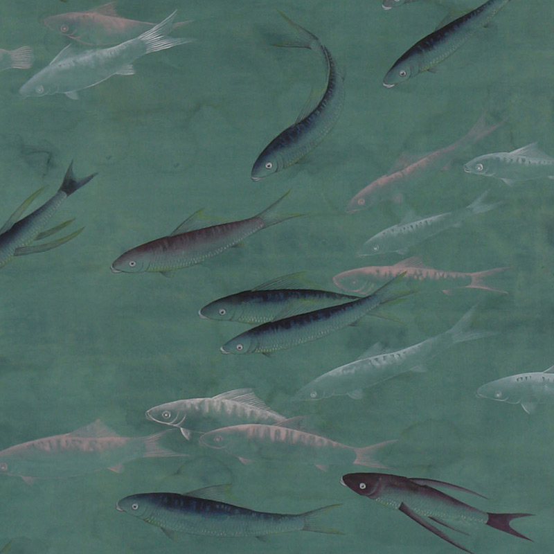 Обои ручная роспись Fishes Special Colourway on blue green painted silk with antiquing Обои ручная роспись Fishes Special Colourway on blue green painted silk with antiquing в Костроме | Loft Concept