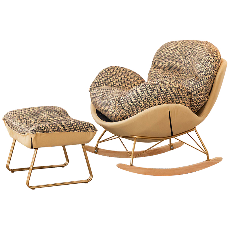 Кресло-качалка Dior Print Rocking Chair с банкеткой для ног Бежевый Коричневый Золотой в Костроме | Loft Concept 