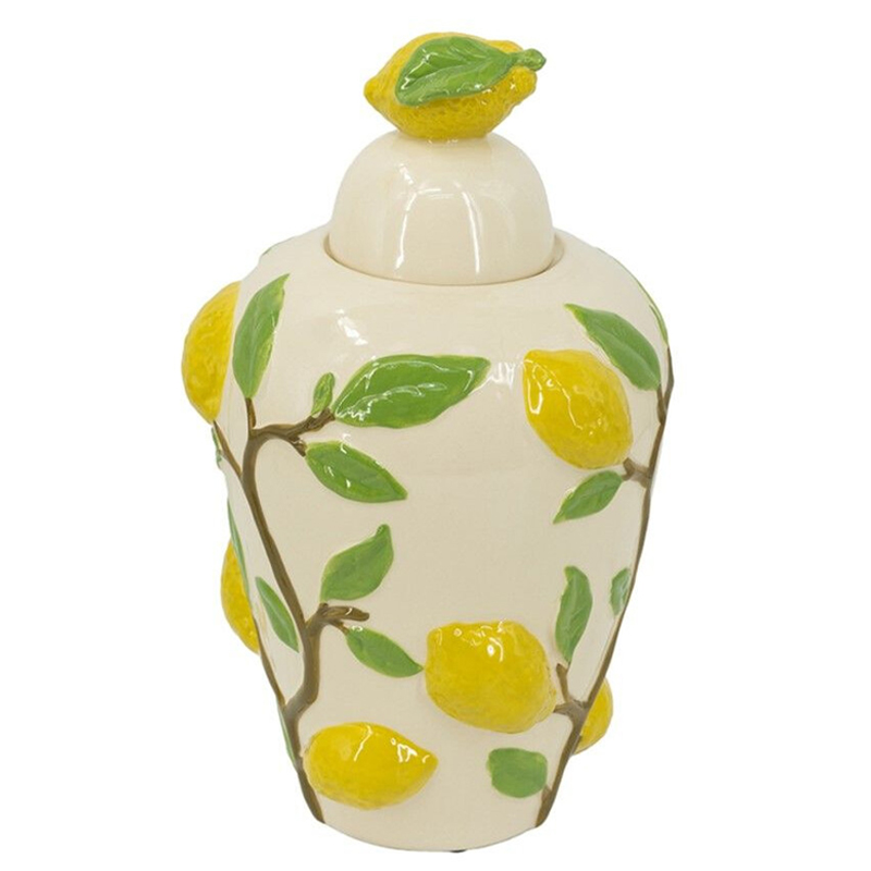 Ваза с крышкой кремового цвета и объемным рисунком лимонов и листьев Lemon Delight Кремовый Желтый Коричневый Зеленый Ваза с крышкой кремового цвета и объемным рисунком лимонов и листьев Lemon Delight Кремовый Желтый Коричневый Зеленый в Костроме | Loft Concept