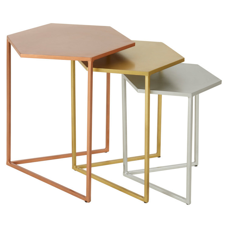 Комплект из 3-х приставных столиков Trio Hexagon Side Tables Медь Золотой Серебряный Комплект из 3-х приставных столиков Trio Hexagon Side Tables Медь Золотой Серебряный в Костроме | Loft Concept