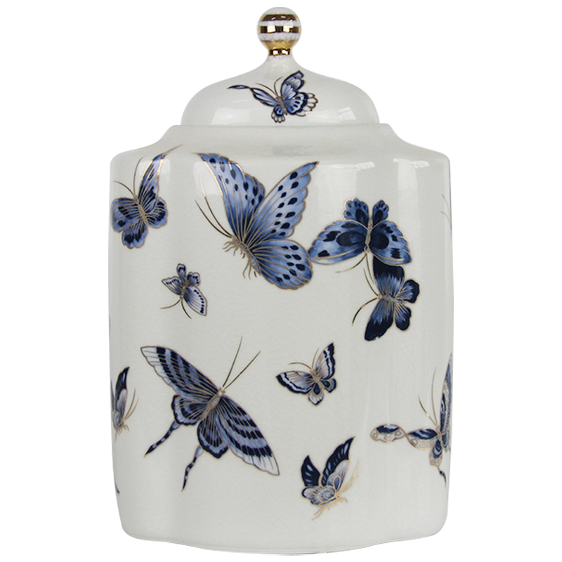 Ваза с крышкой Porcelain Butterfly Blue and Gold Vase Белый Синий Золотой Ваза с крышкой Porcelain Butterfly Blue and Gold Vase Белый Синий Золотой в Костроме | Loft Concept