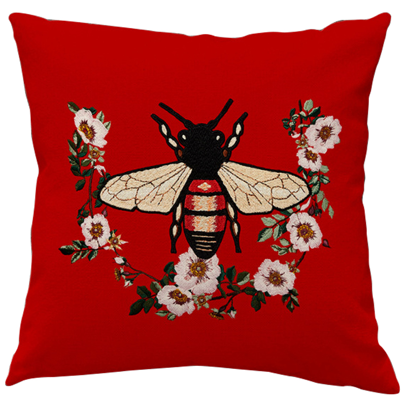 Декоративная подушка Стиль Gucci Bee Red Красный Бежевый Черный Декоративная подушка Стиль Gucci Bee Red Красный Бежевый Черный в Костроме | Loft Concept