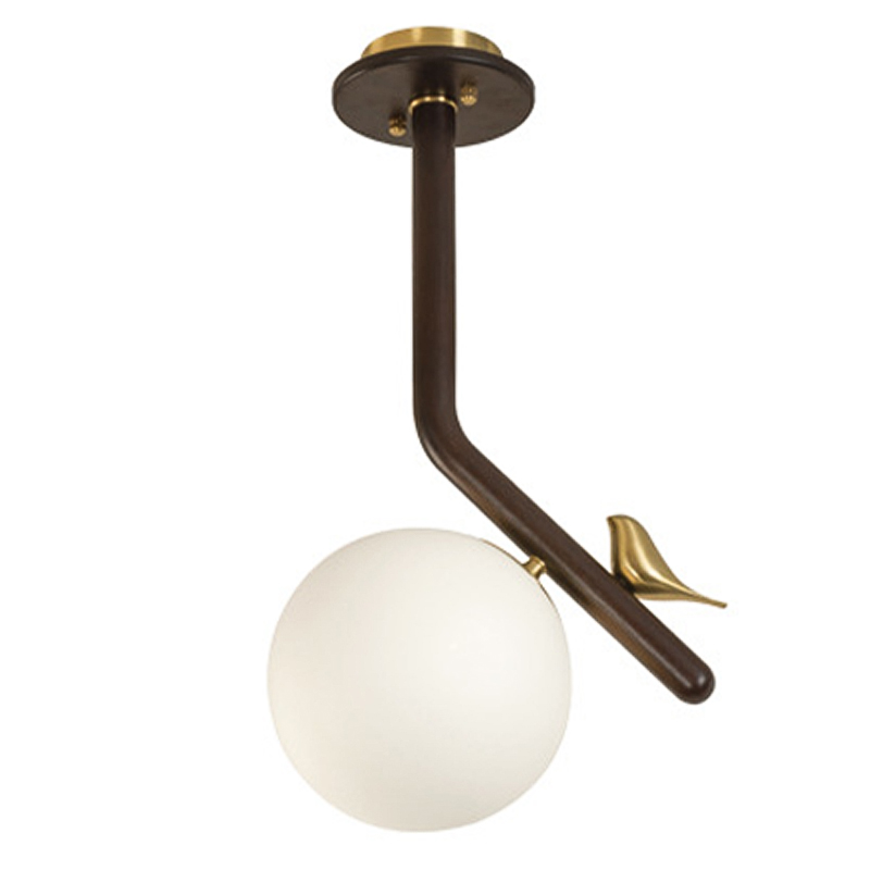Потолочный светильник с птичкой Bird Wood Ring Ceiling Lamp Латунь Коричневый Белое матовое стекло Потолочный светильник с птичкой Bird Wood Ring Ceiling Lamp Латунь Коричневый Белое матовое стекло в Костроме | Loft Concept