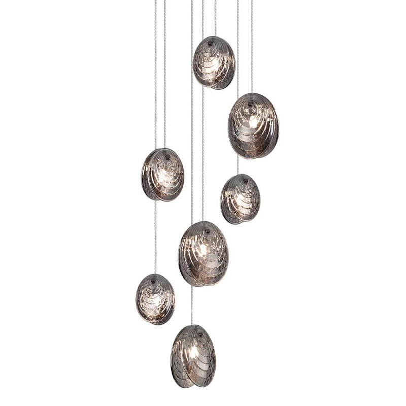 Люстра каскадная с 7-ю круглыми плафонами из рельефного стекла Disc Light Черный Прозрачный Перламутровый в Костроме | Loft Concept 