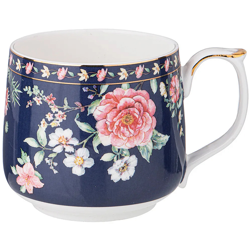 Кружка фарфоровая синяя с цветочным принтом 470 мл Flower Porcelain Collection Синий Мульти Кружка фарфоровая синяя с цветочным принтом 470 мл Flower Porcelain Collection Синий Мульти в Костроме | Loft Concept
