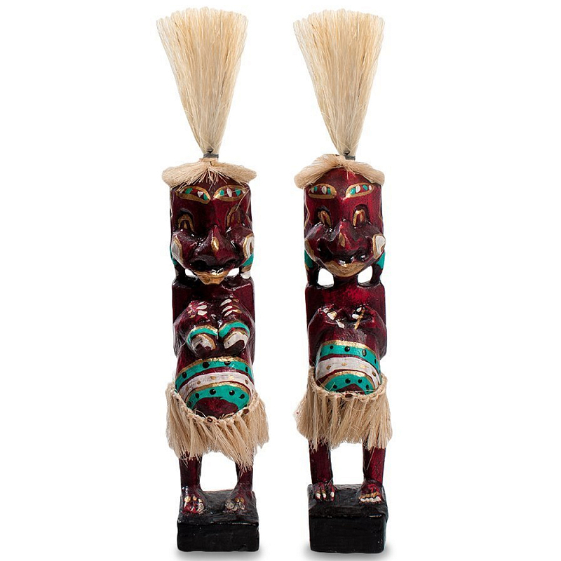 Комплект из 2-х деревянных статуэток Asmat Straw Headdress Statuettes Red Turquoise Tattoo Красный Бежевый Бирюзовый Белый Комплект из 2-х деревянных статуэток Asmat Straw Headdress Statuettes Red Turquoise Tattoo Красный Бежевый Бирюзовый Белый в Костроме | Loft Concept