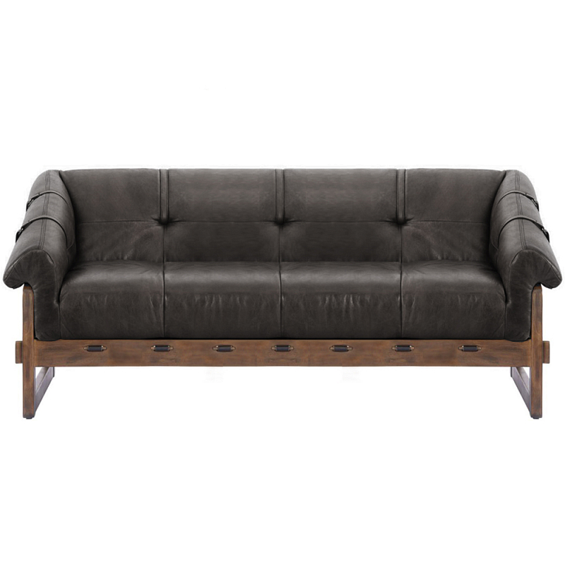 Трехместный диван Duncan винтажная черная кожа Черный Коричневый в Костроме | Loft Concept 