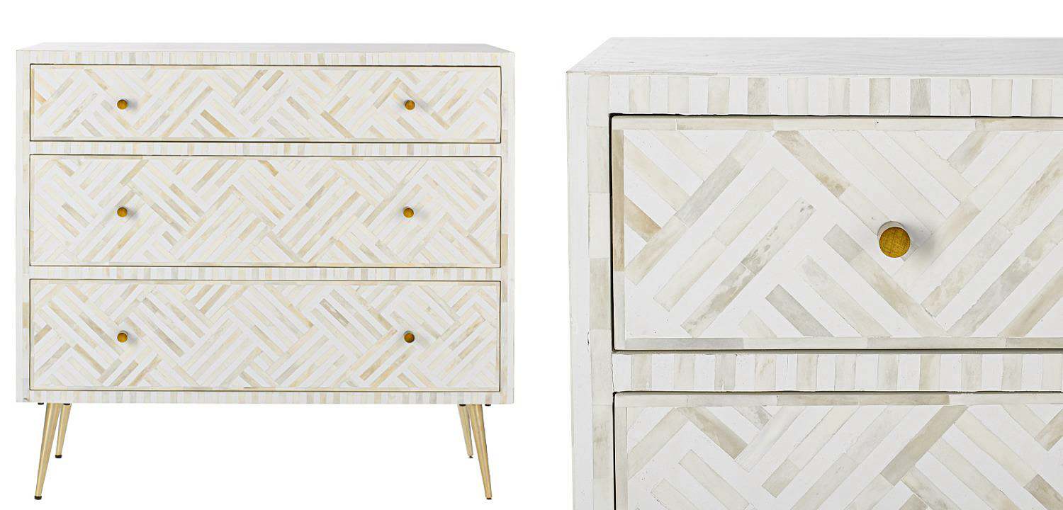 Комод инкрустация костью White Indian Bone Inlay 3 drawer Белый Комод инкрустация костью White Indian Bone Inlay 3 drawer Белый - Loft-Concept в Костроме
