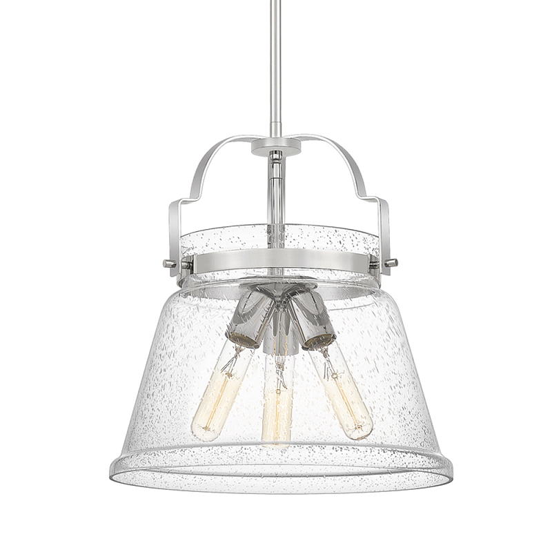 Подвесной светильник с прозрачным стеклянным плафоном в форме колокола с эффектом пузырьков и тремя лампами Quoizel Хром Латунь Прозрачное Стекло в Костроме | Loft Concept 