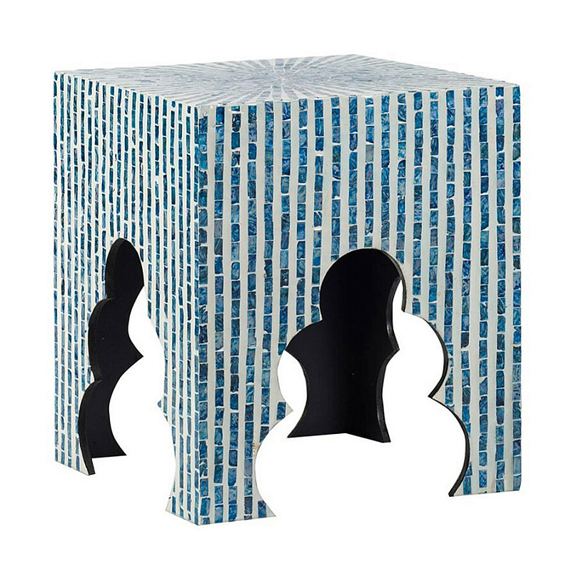 Приставной столик с инкрустацией раковинами устриц Bone Inlay Белый Синий в Костроме | Loft Concept 