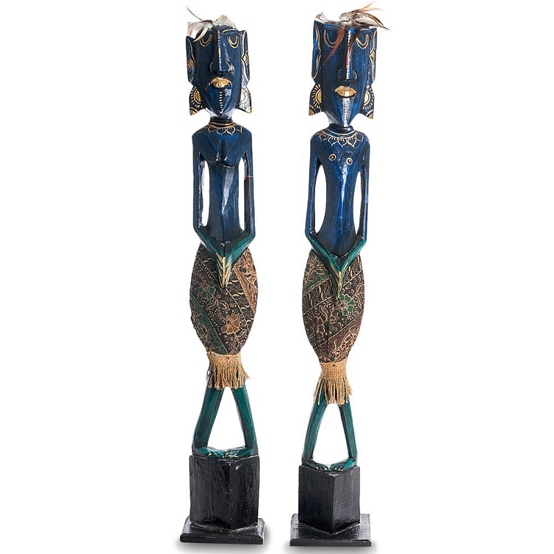 Комплект из 2-х деревянных статуэток Asmat Tall Statuettes Blue Green Синий Зеленый Мульти Комплект из 2-х деревянных статуэток Asmat Tall Statuettes Blue Green Синий Зеленый Мульти в Костроме | Loft Concept