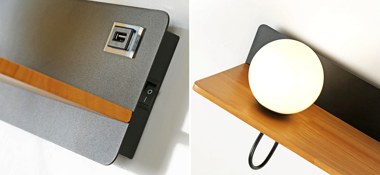 Бра с полкой Black GAVIN WOOD USB Бра с полкой Black GAVIN WOOD USB - Loft-Concept в Костроме