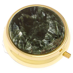 Таблетница карманная круглая с 3-мя отделениями и накладкой из натурального камня Серафинит Gold Stone Pillboxes варинант исполнения - 1 | Loft Concept в Костроме