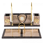 Настольный письменный набор из бежевого мрамора с часами и гербом Marble Accessory варинант исполнения - 1 | Loft Concept в Костроме