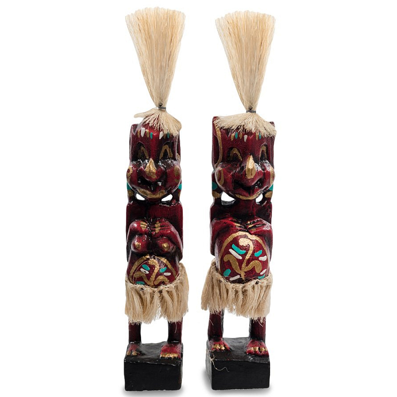Комплект из 2-х деревянных статуэток Asmat Straw Headdress Statuettes Red Tattoo Красный Бежевый Золотой Мульти Комплект из 2-х деревянных статуэток Asmat Straw Headdress Statuettes Red Tattoo Красный Бежевый Золотой Мульти в Костроме | Loft Concept