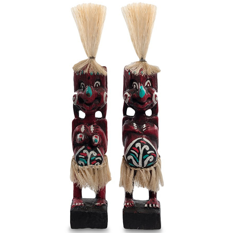 Комплект из 2-х деревянных статуэток Asmat Straw Headdress Statuettes Red Turquoise Красный Бежевый Бирюзовый Белый Мульти Комплект из 2-х деревянных статуэток Asmat Straw Headdress Statuettes Red Turquoise Красный Бежевый Бирюзовый Белый Мульти в Костроме | Loft Concept