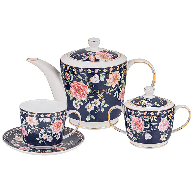 Чайный сервиз из фарфора синий на 6 персон 14 предметов Flower Porcelain Collection Синий Мульти Чайный сервиз из фарфора синий на 6 персон 14 предметов Flower Porcelain Collection Синий Мульти в Костроме | Loft Concept