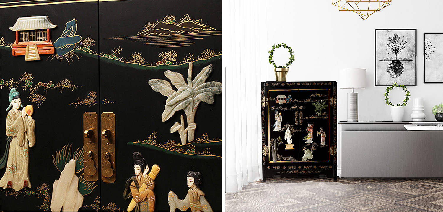 Черный Двухдверный Комод в Китайском стиле с каменным Барельефом Black Chinese Chest of drawers Черный Двухдверный Комод в Китайском стиле с каменным Барельефом Black Chinese Chest of drawers - Loft-Concept в Костроме