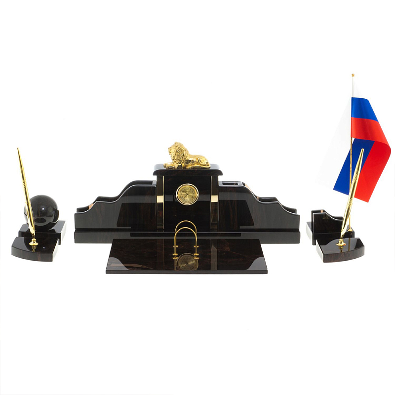 Настольный письменный набор из чёрного обсидиана с декором в виде льва Golden Lion Коричневый Бронза Настольный письменный набор из чёрного обсидиана с декором в виде льва Golden Lion Коричневый Бронза в Костроме | Loft Concept