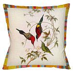 Декоративная подушка бежевая в разноцветную полоску с изображением птиц и цветов Blooming Birds Colorful Cushion варинант исполнения - 4 | Loft Concept в Костроме
