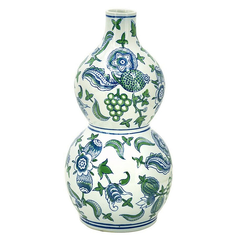 Ваза фигурная с сине-зелеными узорами распустившихся цветов Blossoming Spring Зеленый Белый Синий в Костроме | Loft Concept 