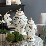 Ваза белая с крышкой с рисунком зеленых и золотых листьев 48 см Chinoiserie Ceramics варинант исполнения - 4 | Loft Concept в Костроме