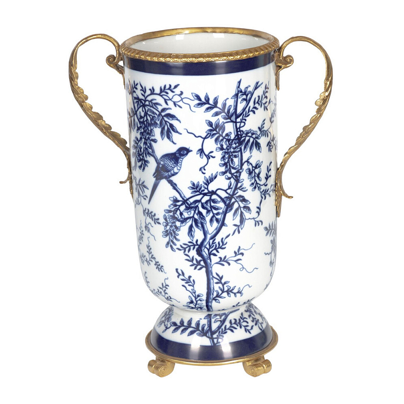 Ваза с бронзовыми ручками и синим цветочным узором Blue & White Ornament Синий Белый Бронза в Костроме | Loft Concept 
