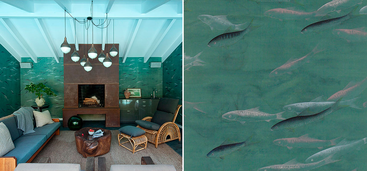 Обои ручная роспись Fishes Special Colourway on blue green painted silk with antiquing Обои ручная роспись Fishes Special Colourway on blue green painted silk with antiquing - Loft-Concept в Костроме