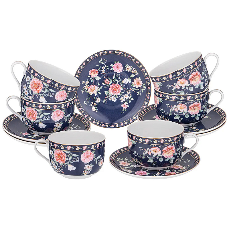Чайный набор из фарфора синий на 6 персон 12 предметов Flower Porcelain Collection Синий Мульти Чайный набор из фарфора синий на 6 персон 12 предметов Flower Porcelain Collection Синий Мульти в Костроме | Loft Concept