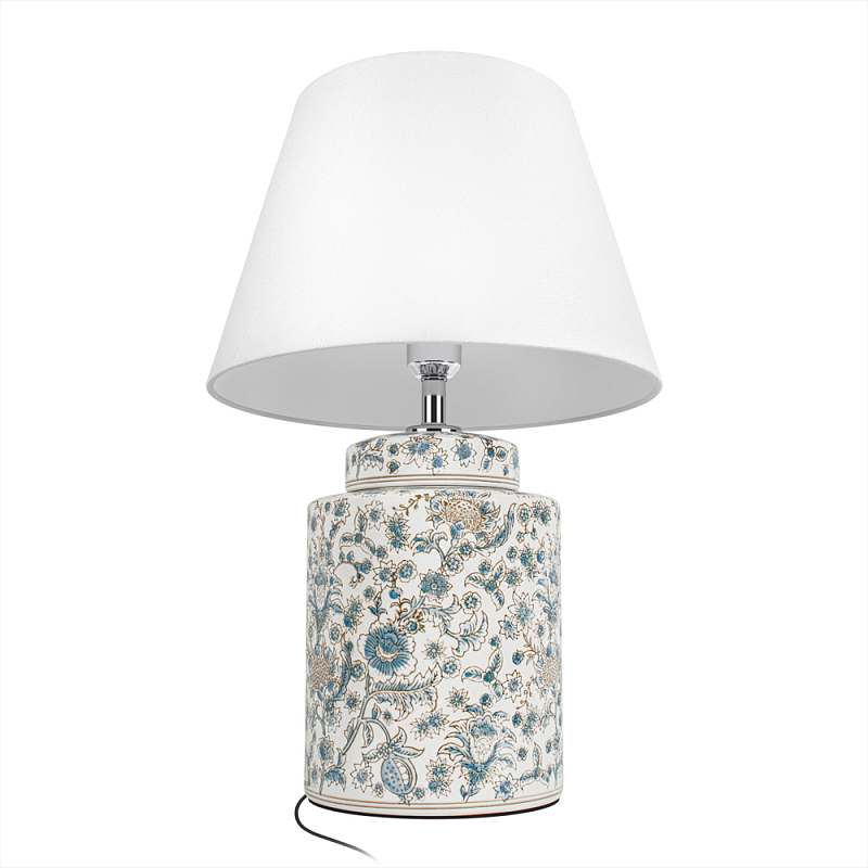 Настольная лампа цилиндрическая с цветочной росписью Lamp Flower Painting Белый Синий в Костроме | Loft Concept 