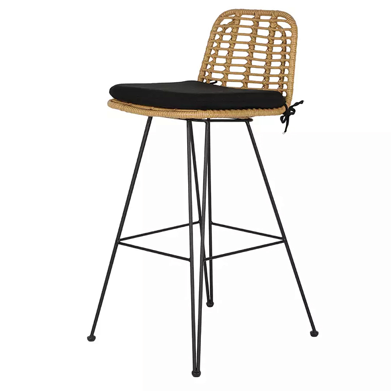 Стул барный с ротанговым плетением Half Bar Chair with Wicker без подлокотников Черный Бежевый в Костроме | Loft Concept 