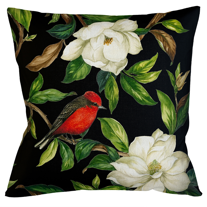 Декоративная подушка чёрная с изображением птиц и цветов Blooming Reds Birds Мульти Черный Декоративная подушка чёрная с изображением птиц и цветов Blooming Reds Birds Мульти Черный в Костроме | Loft Concept