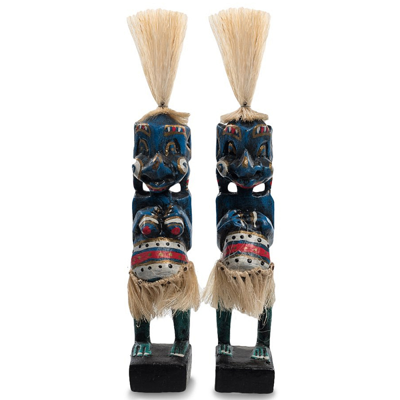 Комплект из 2-х деревянных статуэток Asmat Straw Headdress Statuettes Blue Colorful Tattoo Синий Черный Бежевый Красный Бирюзовый Мульти Комплект из 2-х деревянных статуэток Asmat Straw Headdress Statuettes Blue Colorful Tattoo Синий Черный Бежевый Красный Бирюзовый Мульти в Костроме | Loft Concept