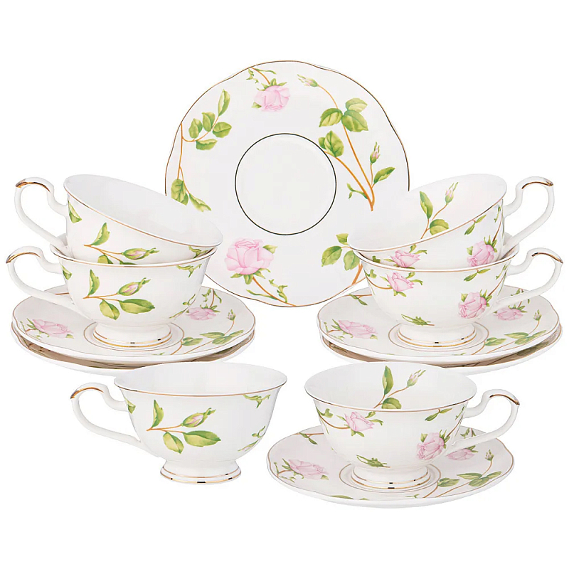 Чайный набор из фарфора белый с цветочным принтом на 6 персон 12 предметов Flower Porcelain Collection Белый Мульти Чайный набор из фарфора белый с цветочным принтом на 6 персон 12 предметов Flower Porcelain Collection Белый Мульти в Костроме | Loft Concept