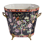 Кашпо из фарфора черная с цветочной росписью и бронзовой стрекозой Spring Garden варинант исполнения - 1 | Loft Concept в Костроме