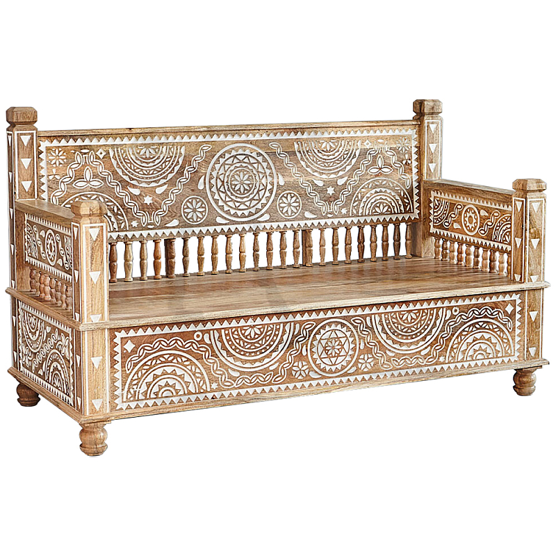 Скамья с резным декором из массива манго Grey Mango Collection Bench M Древесина Белый Скамья с резным декором из массива манго Grey Mango Collection Bench M Древесина Белый в Костроме | Loft Concept
