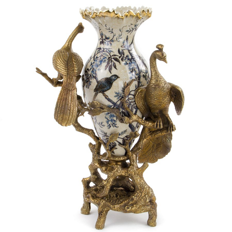 Ваза Bronze Peacocks Vase Белый Бронза Синий Ваза Bronze Peacocks Vase Белый Бронза Синий в Костроме | Loft Concept
