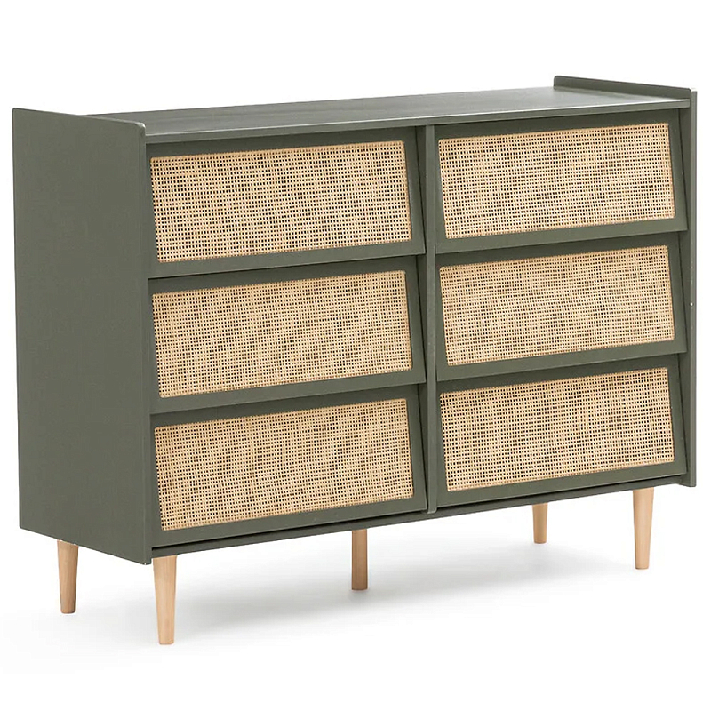 Комод с 6-ю ящиками из плетеного ротанга Remi Green Wicker Furniture Зеленый Древесина Бежевый Комод с 6-ю ящиками из плетеного ротанга Remi Green Wicker Furniture Зеленый Древесина Бежевый в Костроме | Loft Concept