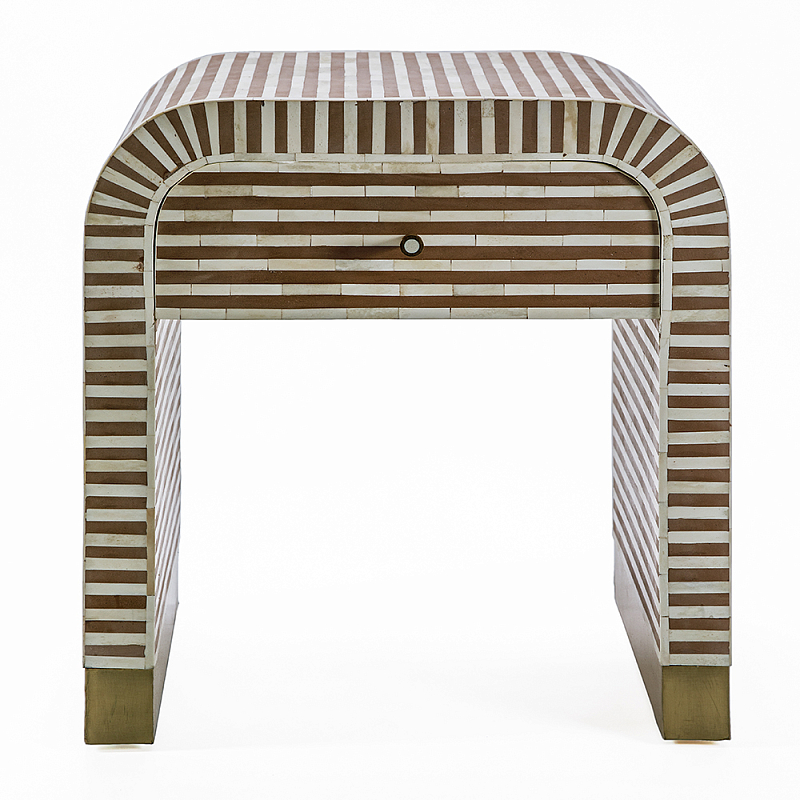 Тумбочка прикроватная с ящиком Tofino Stripes Bone Inlay Bedside Beige ivory ( слоновая кость ) Коричневый Золотой в Костроме | Loft Concept 