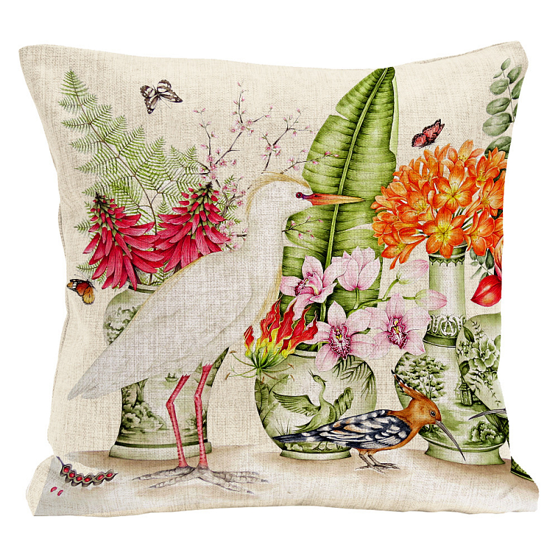 Декоративная подушка White Heron and Hoopoe Pillow Мульти Бежевый Декоративная подушка White Heron and Hoopoe Pillow Мульти Бежевый в Костроме | Loft Concept