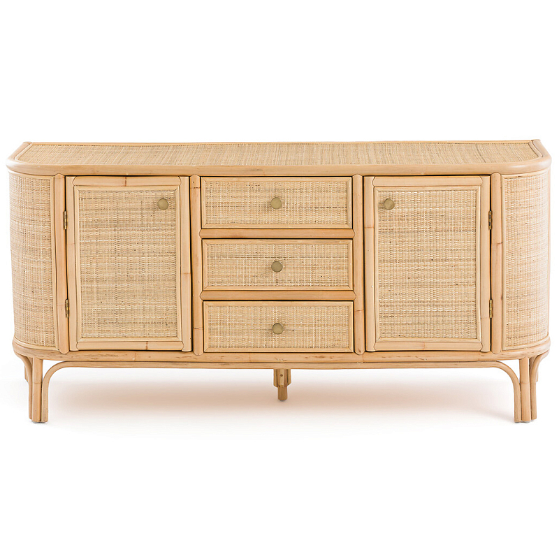 Длинный комод из ротанга с дверцами и ящиками Simone Rattan Chest of Drawers Древесина Латунь Длинный комод из ротанга с дверцами и ящиками Simone Rattan Chest of Drawers Древесина Латунь в Костроме | Loft Concept